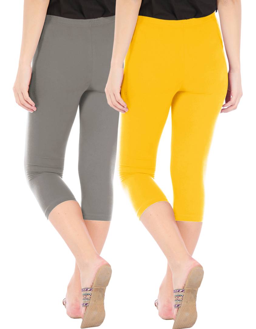 Stunning Cotton Blend Solid Skinny Fit 3/4 Capris Leggings For Women-Pack of 2